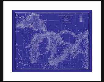 Map Great Lakes  -  Map Art - Lake Superior, Lake Michigan, Lake Huron, Lake Erie