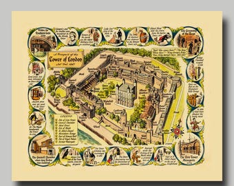 Tower of London - Map - Panoramic -  Vintage