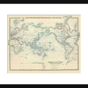 May include: A vintage world map in a Mercator projection, printed on cream-colored paper with a light blue ocean and brown landmasses. The map is titled "Chart of the World on Mercator's Projection".