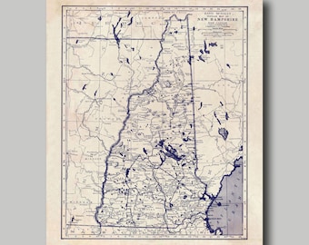 New Hampshire -  Map - State Map - Vintage - Blueprint - Print - Poster