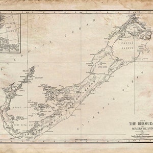May include: A vintage map of Bermuda, also known as Somers' Islands, with detailed coastline and island features. The map includes the names of various locations, including Great Sound, Castle Harbor, and Ireland Island.