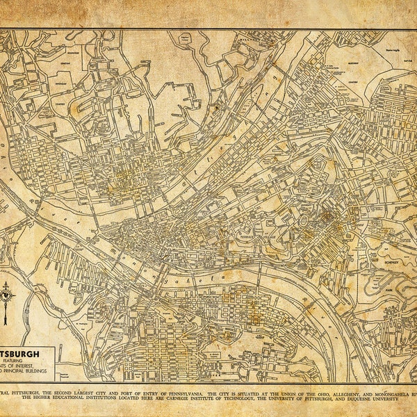 Pittsburgh Map - Street Map Vintage Grunge Sepia Print Poster