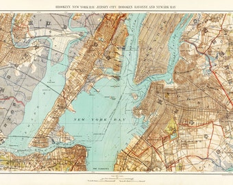 New York Map - New York Harbor - Newark - Brooklyn - Bronx - Vintage-  Print - Poster