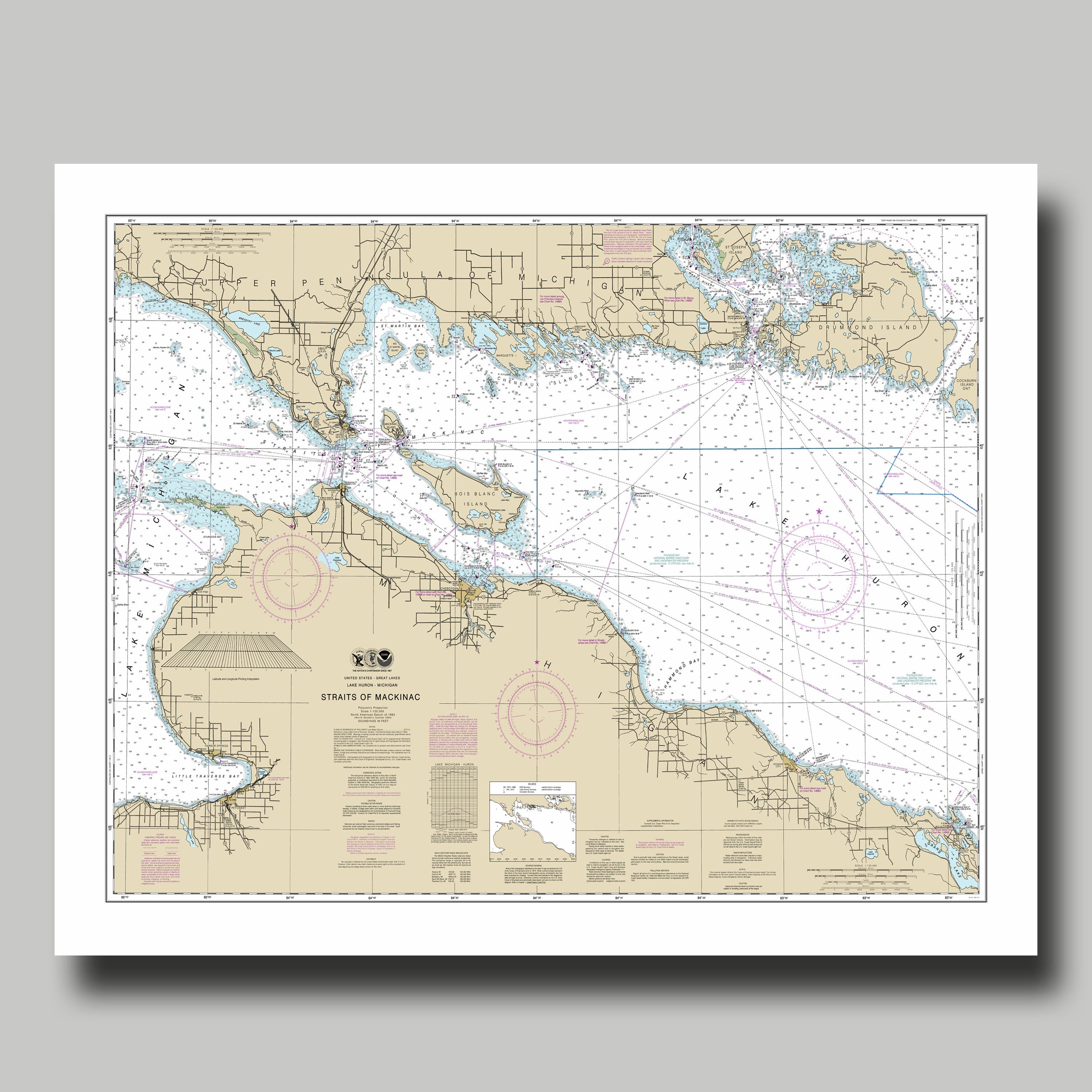 Straits of Mackinac - Map - Nautical Map - Nautical Chart - Map Art - Print - Poster