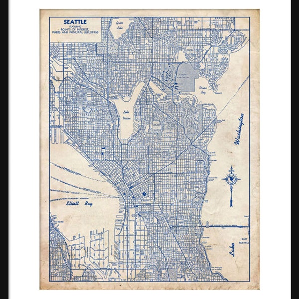 Seattle - Map - Street Map - Vintage - Blueprint - Print Poster
