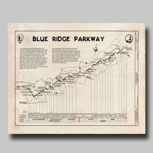 Blue Ridge Parkway - Mountains - Highway  - Map  - Print  - Poster - Grunge
