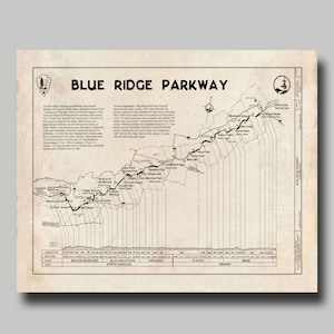 Blue Ridge Parkway - Mountains - Highway  - Map  - Print  - Poster - Grunge