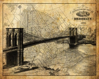 Brooklyn New York City Street Map Vintage Sepia Grunge Print Poster Brooklyn Bridge