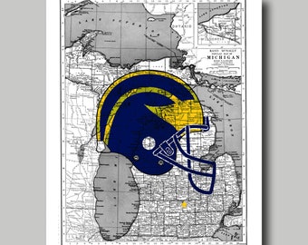 Michigan - Wolverines  - State Map - Map - Vintage - Print - Poster - Black White - Michigan - Football