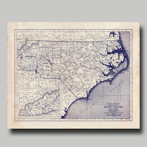 North Carolina - State Map - Blueprint - Vintage - Print - Poster - Grunge