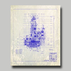 Disney World - Tower of Terror Mansion - Blueprint -  Disney - Disneyland - Gray - Grunge - Vintage - Print - Poster