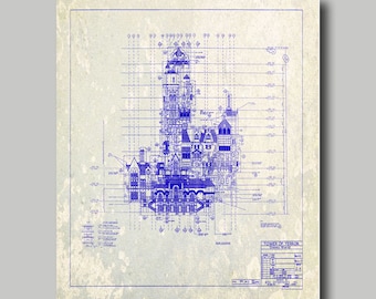 Disney World - Tower of Terror Mansion - Blueprint -  Disney - Disneyland - Gray - Grunge - Vintage - Print - Poster