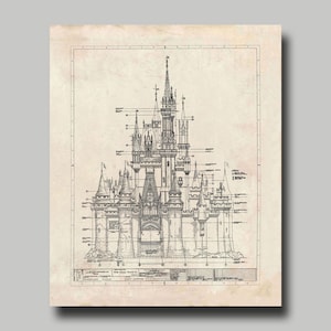 Disney World - Castle - Blueprint - Disney - Cinderella - Sleeping Beauty - Fantasyland - Black Ink - Grunge- Print - Poster