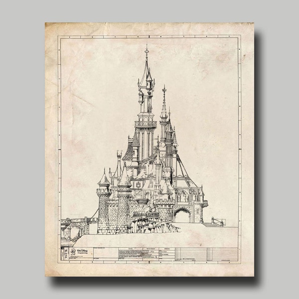 Disneyland Castle - Blueprint - Disney Paris - Cinderella - Sleeping Beauty - Fantasyland - Black Ink - Grunge - Print - Poster