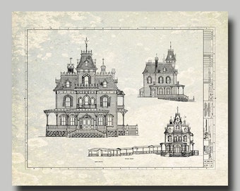 May include: Black and white architectural blueprint of a Victorian style house with a detailed facade and multiple levels. The blueprint includes three different views of the house, showing the front, side, and back.