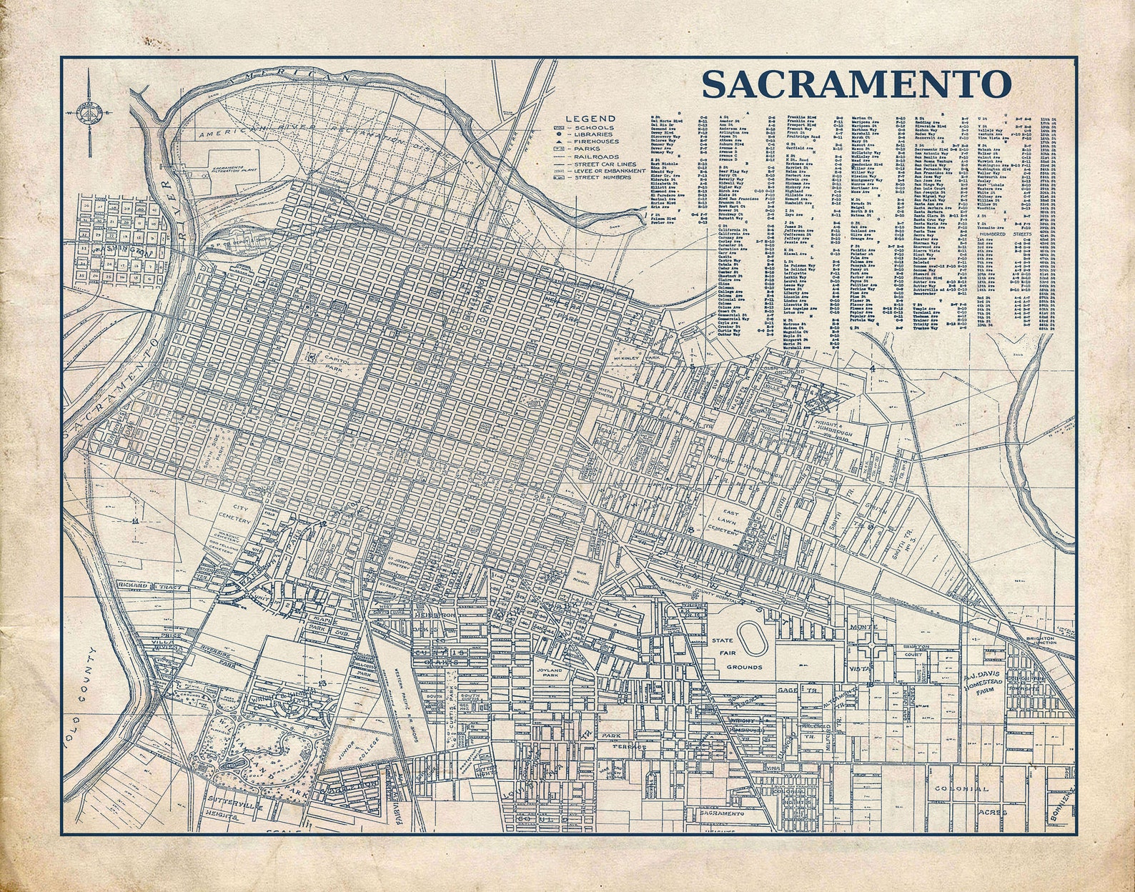 Sacramento Map Street Map Blueprint Vintage Print | Etsy
