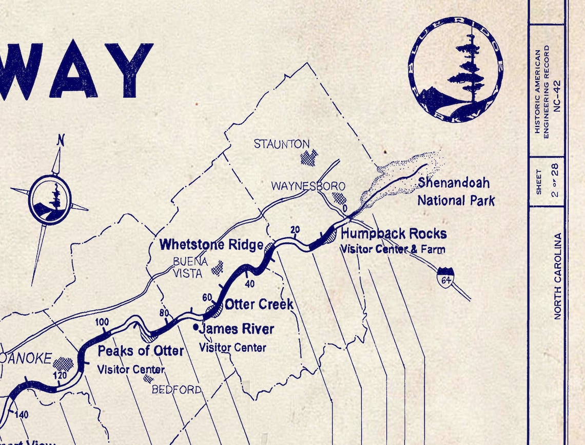 Blue Ridge Parkway - Mountains - Blueprint - Vintage - Highway - Map ...