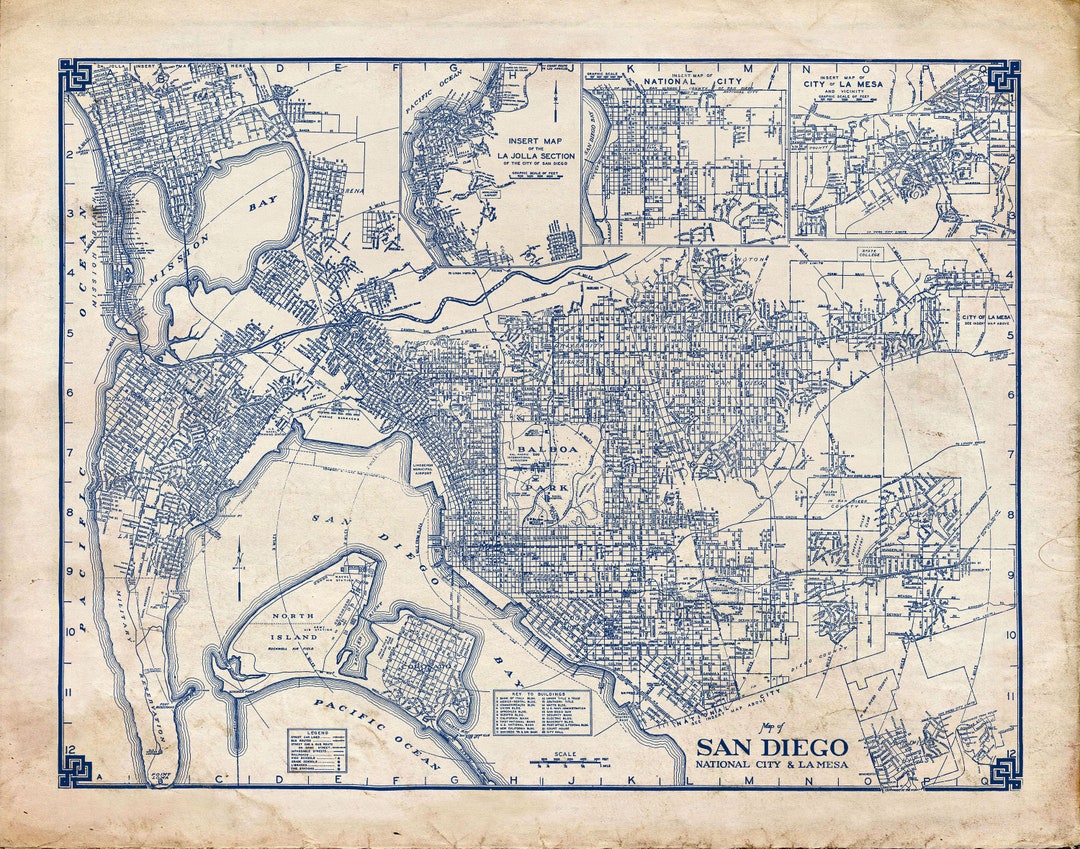 San Diego - Map - 1944 - Vintage - Blueprint - Grunge - Print - Poster ...
