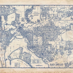 San Diego - Map - Vintage - Blueprint  - Grunge - Print - Poster - California