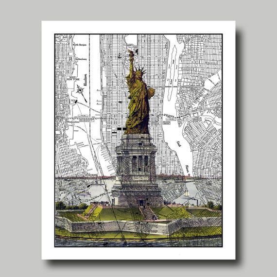 New York City Statue of Liberty Map Manhattan Street Etsy