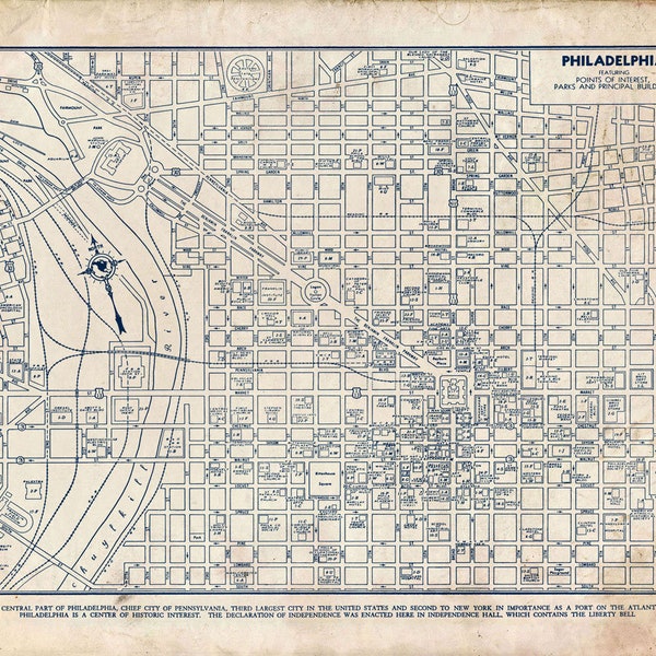 Philadelphia - Street Map - Blueprint - Vintage - Print - Poster