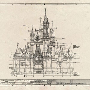 Disney World - Castle - Blueprint - Disney - Cinderella - Sleeping Beauty - Fantasyland - Black Ink - Grunge- Print - Poster - Landscape