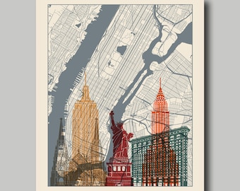 New York - Carte - Manhattan - Multicolore - Impression - Poster - Ligne d'horizon