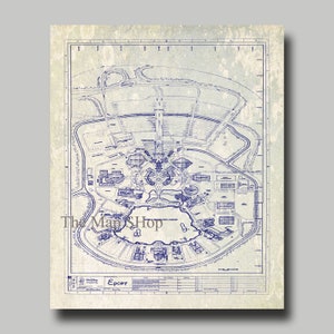 Disney World - Epcot - Blueprint - Map - Vintage - Gray - Blue Ink - Print - Poster