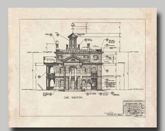 May include: Black and white architectural blueprint of the Haunted Mansion at Disneyland. The blueprint shows the east elevation of the building with detailed measurements and notes.