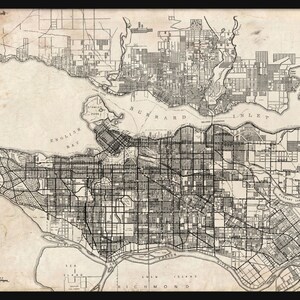 May include: A vintage black and white map of Vancouver, British Columbia, Canada. The map shows the city's street grid and surrounding bodies of water. The text "Vancouver est. 1886" is in the lower right corner.