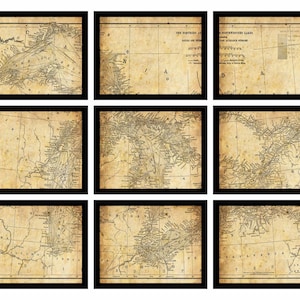 May include: A vintage map of the United States showing the Southern and Southwestern Lakes and the Navigable Streams. The map is divided into nine sections, each showing a different part of the country. The map is printed on aged paper with a brown background and black lines.