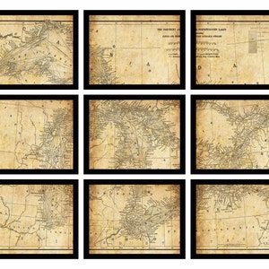 Great Lakes - 9 Panel Section Map Poster Print Sepia Grunge 11" x 14" Panels