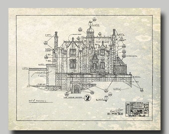 Disney World - Haunted Mansion - Blueprint -  Disney - Disneyland - Vintage - Black Ink - Gray Grunge - Print - Poster