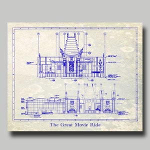 Disney World - Great Movie Ride - Blueprint - Hollywood Studios - Disney - Gray - blue -Grunge - Disneyland - Print - Poster