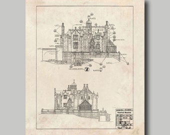 Disney World - Haunted Mansion - Blueprint -  Disney - Disneyland - Black Ink - Print - Poster