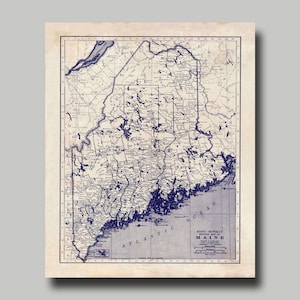 Maine -  Map - Blueprint - State Map - Vintage - Print - Poster - Grunge