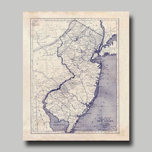 New Jersey -  Map - State Map - Vintage - Blueprint - Print - Poster