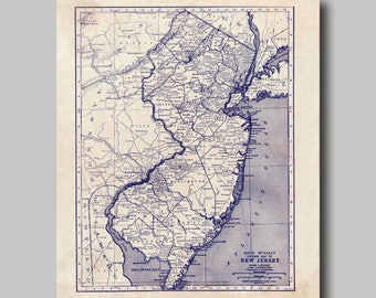 New Jersey -  Map - State Map - Vintage - Blueprint - Print - Poster