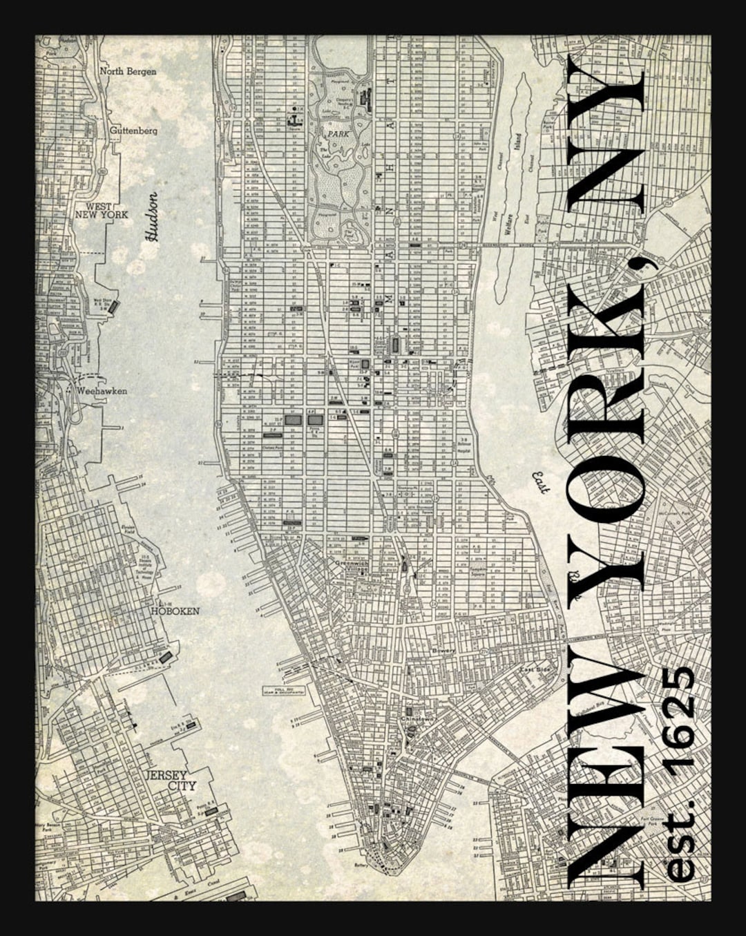 New York - Map - Manhattan - Street Map - Vintage - Gray Grunge