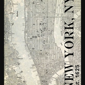 New York - Map - Manhattan - Street Map - Vintage - Gray Grunge - Poster - Print