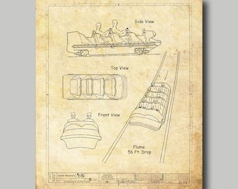 May include: A black and white line drawing of a Splash Mountain flume ride. The drawing shows the ride from the side, top, and front views. The text "Flume 56 Ft. Drop" is included in the drawing.