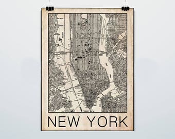 New York City Map - Manhattan -  Street Map - Vintage - Grunge