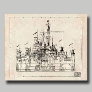 Disneyland Castle - Blueprint - Disney - Cinderella - Fantasyland - Grunge - Black Ink