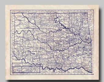 Oklahoma -  Map - State Map - Vintage - Blueprint - Print Poster