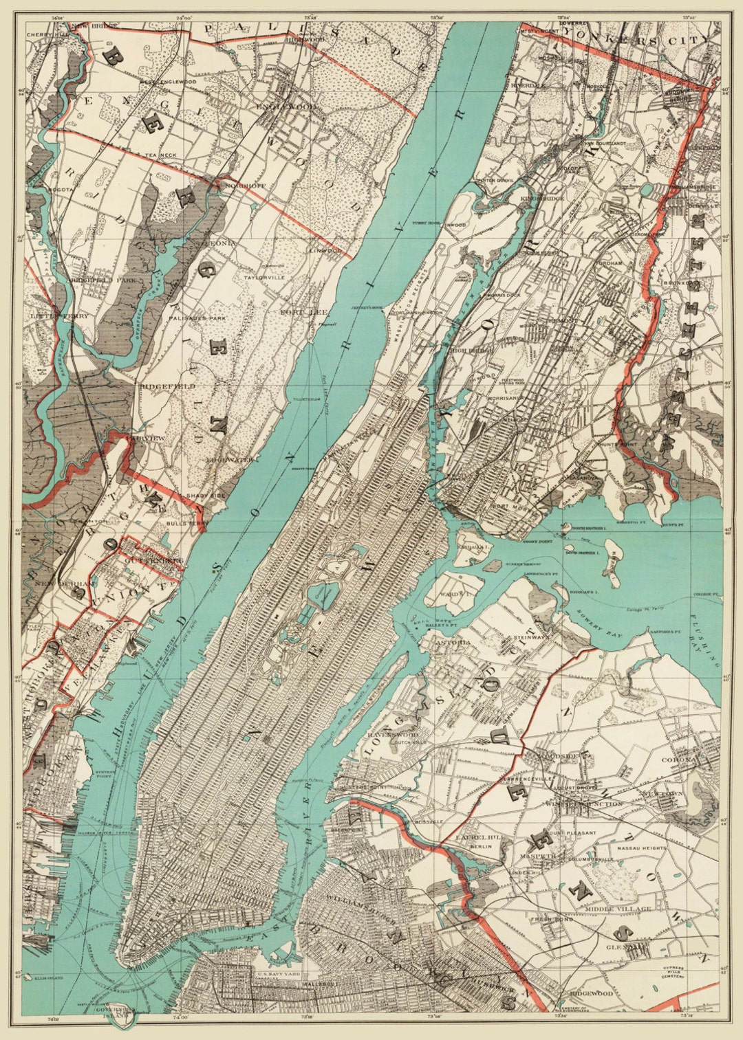 New York City Map 1890 Map of New York Newark Brooklyn Vintage Print Poster  - Etsy 日本, image size:1080x1513