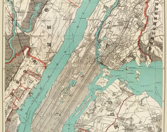 New York City Map 1890 Map of New York Newark Brooklyn Vintage Print Poster