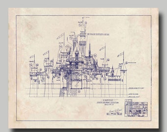 Disneyland Castle - Blueprint - Disney - Cinderella - Fantasyland - Grunge - Blue Ink- Print - Poster