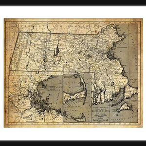 Massachusetts State Map Vintage Print Poster Grunge
