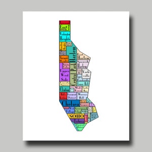 New York City Map Manhattan Multi Color Neighborhood Map New York Print Poster