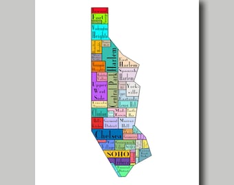 New York City Map Manhattan Multi Color Neighborhood Map New York Print Poster